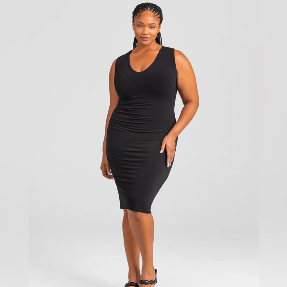 Honeylove InnerPower Sleeveless Midi Dress Ruched Stretch Black Midi‎ Bodycon 1X